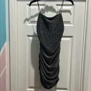 SHEIN Black Silver Ruched Asymmetrical Cocktail Dress